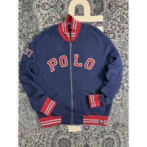 VTG Polo Ralph Lauren Varsity Track Jacket Mens  XL Navy Red Athletic Zip Up 67